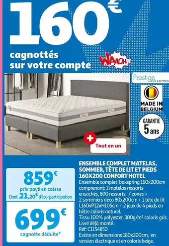 Auchan ENSEMBLE COMPLET MATELAS, SOMMIER, TÊTE DE LIT ET PIEDS 160X200 CONFORT HOTEL offre