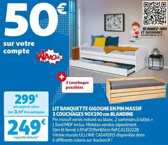 Auchan LIT BANQUETTE GIGOGNE EN PIN MASSIF 3 COUCHAGES 90X190 cm BLANDINE offre