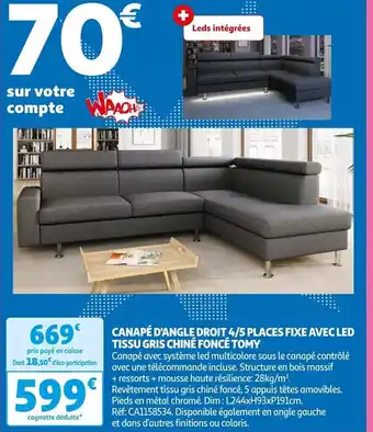 Auchan CANAPÉ D'ANGLE DROIT 4/5 PLACES FIXE AVEC LED TISSU GRIS CHINÉ FONCÉ TOMY offre