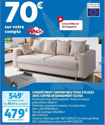Auchan CANAPÉ DROIT CONVERTIBLE TISSU 3 PLACES AVEC COFFRE DE RANGEMENT OLIVIA offre