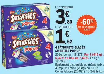 E.Leclerc 4 BÂTONNETS GLACÉS SMARTIES POP UP offre