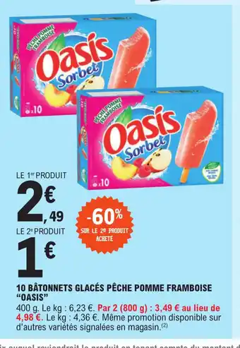 E.Leclerc 10 BÂTONNETS GLACÉS PÊCHE POMME FRAMBOISE "OASIS" offre