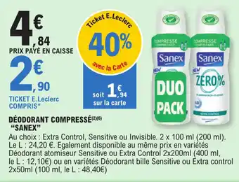 E.Leclerc DÉODORANT COMPRESSÉ (2) (6) "SANEX" offre