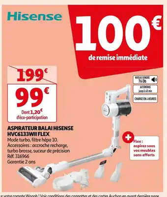 Auchan Hisense aspirateur balai hvc6133wii flex offre