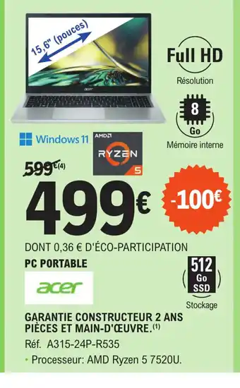E.Leclerc DONT 0,36 € D'ÉCO-PARTICIPATION PC PORTABLE offre