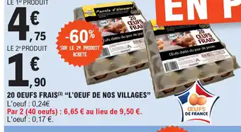 E.Leclerc 20 OEUFS FRAIS(³) "L'OEUF DE NOS VILLAGES" L'oeuf : 0,24€ offre