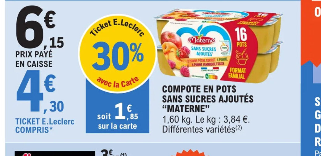 Promo COMPOTE EN POTS SANS SUCRES AJOUTÉS "MATERNE" chez E.Leclerc