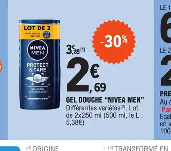 E.Leclerc GEL DOUCHE "NIVEA MEN" Différentes variétés (²). Lot de 2x250 ml (500 ml, le L : 5,38€) offre