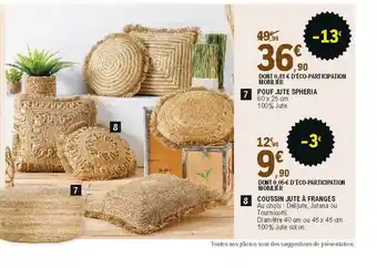 E.Leclerc Pouf Jute Spheria, Coussin Jute à Franges, Coussin Jute à Franges offre