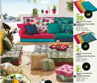 E.Leclerc Coussin Palette Uni, Ou Imprimé Coton Paletis, Assise Matelassée Coton Estival, Coussin Franges Vanina offre