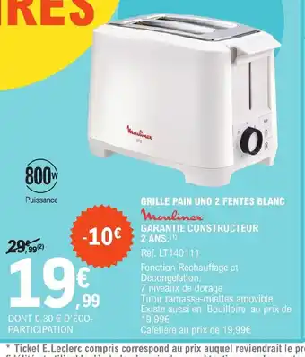 E.Leclerc GRILLE PAIN UNO 2 FENTES BLANC offre