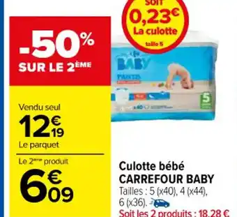 Carrefour Market Culotte bébé CARREFOUR BABY Tailles : 5 (x40), 4(x44), 6 (x36). offre