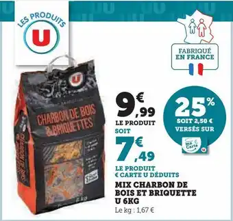 Super U Mix charbon de bois et briquette u 6kg offre