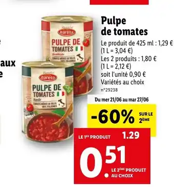 Lidl PULPE DE TOMATES offre