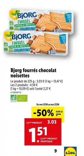 Lidl Bjorg fourrés chocolat noisettes offre