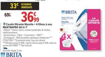 Carrefour Brita carafe filtrante marella + 4 filtres à eau maxtrapro all in 1 offre