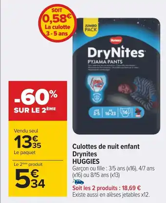 Carrefour Huggies culottes de nuit enfant drynites offre