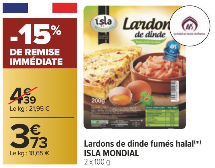 Promo Isla mondial lardons de dinde fumés halal chez Carrefour