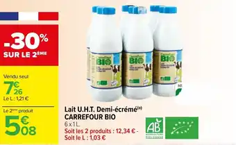 Carrefour Lait U.H.T. Demi-écrémé(⁰) CARREFOUR BIO 6x1L. offre