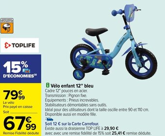 Promo i Velo enfant 12 bleu Cadre 12 pouces en acier. Transmission Pignon fixe. Equipements Pneus increvables. chez Carrefour