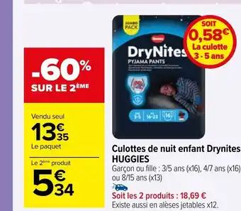Carrefour Culottes de nuit enfant Drynites HUGGIES offre