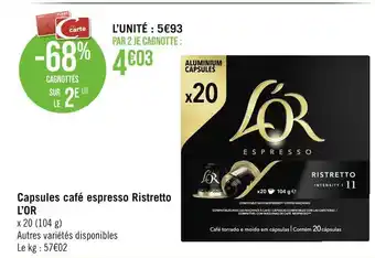 Casino Supermarchés L’or capsules café espresso ristretto offre