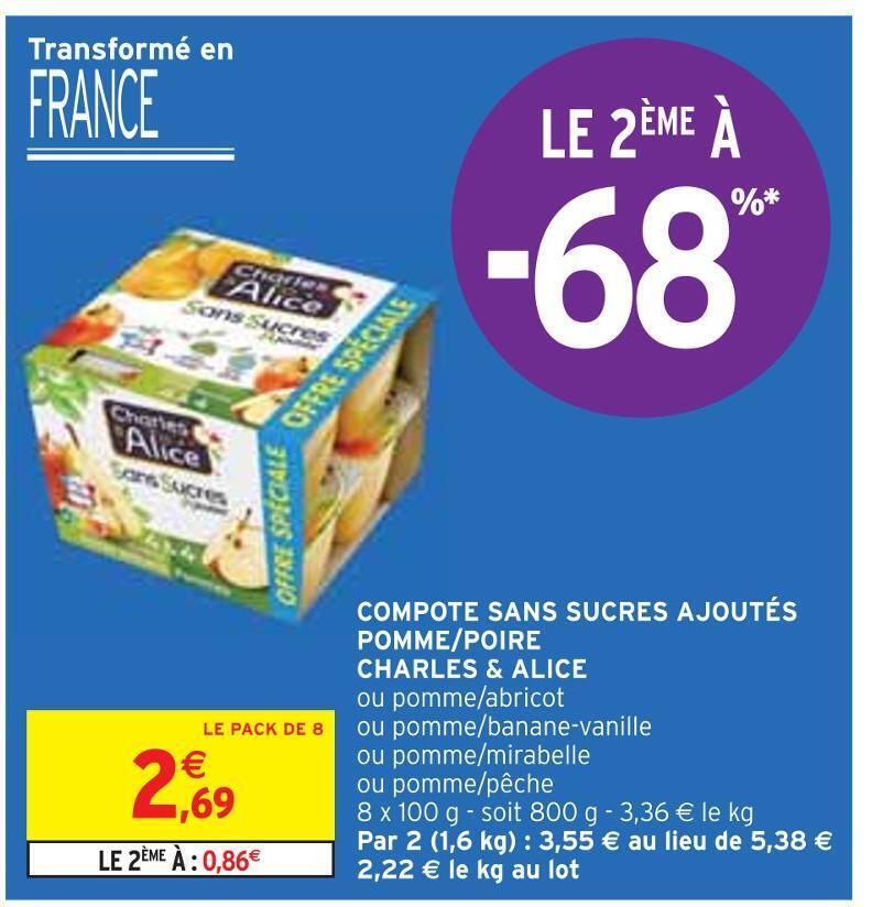 Promo Charles & alice compote sans sucres ajoutés pomme/poire chez