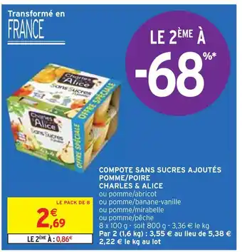 Intermarché Charles & alice compote sans sucres ajoutés pomme/poire offre