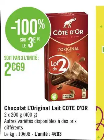 Casino Supermarchés Cote d’or chocolat l’original lait offre