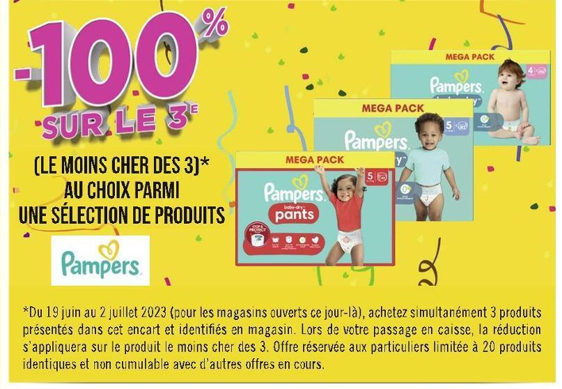 Promo Pampers 100 sur le 3e au choix parmi une sélection de produits pampers chez Casino