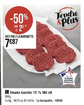 Tendre et plus steaks hachés 15 % mg x8