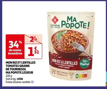 Auchan Mon riz et lentilles tomates graine de tournesol ma popote lesieur offre