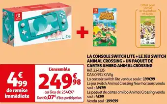 Auchan Nintendo la console switch lite + le jeu switch animal crossing + un paquet de cartes amiibo animal crossing offre