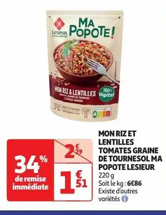 Auchan Supermarché Mon riz et  lentilles  tomates graine  de tournesol ma  popote lesieur offre