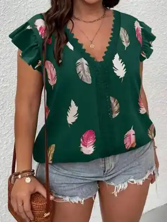 SheIn Blouse à imprimé plume dentelle à manches papillon offre