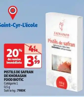 Auchan PISTILS DE SAFRAN DE KHORASAN FOOD BIOTIC Catégorie 1 0,5 g Soit le kg: 7980€ offre