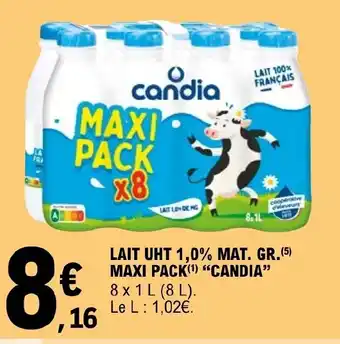 E.Leclerc LAIT UHT 1,0% MAT. GR.(5) MAXI PACK(¹) "CANDIA" 8 x 1L (8L). Le L : 1,02€. offre