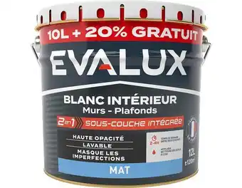 Brico Dépôt Evalux peinture blanche intérieure 2 en 1 sous couche intégrée mat 10 l + 20% gratuit offre