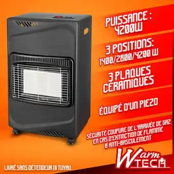 Chauffage gaz infrarouge sur roues 4.2kw - 3 positions - warm tech