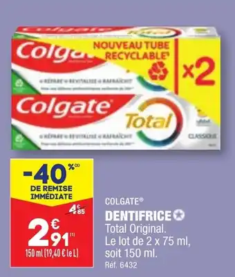 ALDI COLGATEⓇ DENTIFRICE Total Original. Le lot de 2 x 75 ml, soit 150 ml. offre