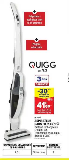 ALDI ASPIRATEUR SANS FIL 2 EN 10 Batterie rechargeable Lithium-Ion. Technologie cyclonique. Brosse à LED. offre