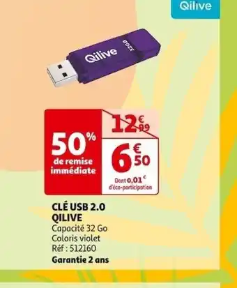 Auchan CLÉ USB 2.0 QILIVE Capacité 32 Go Coloris violet Réf: 512160 Garantie 2 ans offre