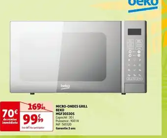 Auchan MICRO-ONDES GRILL BEKO MGF30330S Capacité : 301 Puissance: 900 W Réf: 565520 Garantie 2 ans offre