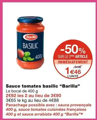 Monoprix Barilla sauce tomates basilic offre