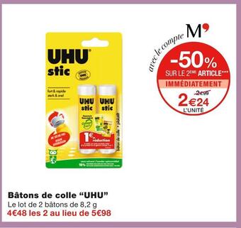 Monoprix Uhu bâtons de colle offre