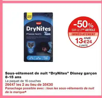Monoprix Drynites sous-vêtement de nuit disney garçon 8-15 ans offre