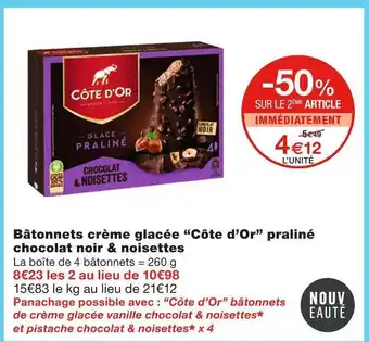 Monoprix Côte d’or bâtonnets crème glacée praliné chocolat noir & noisettes offre