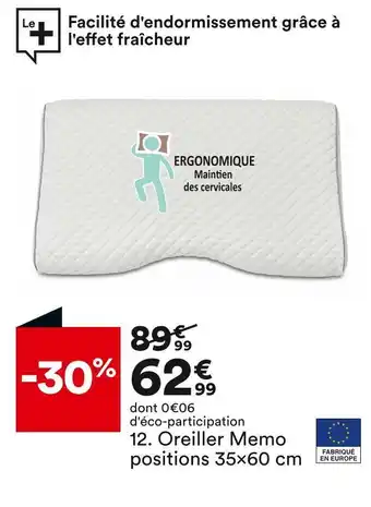 BUT Oreiller memo positions 35x60 cm. soutien ergonomique. offre