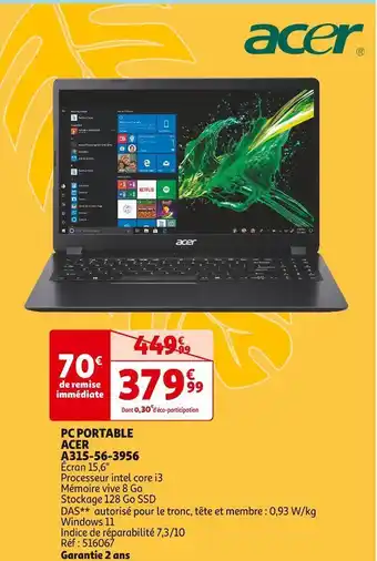 Auchan Acer pc portable a315-56-3956 offre