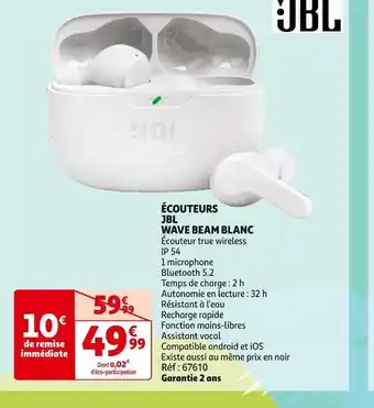 Auchan Jbl écouteurs wave beam blanc offre